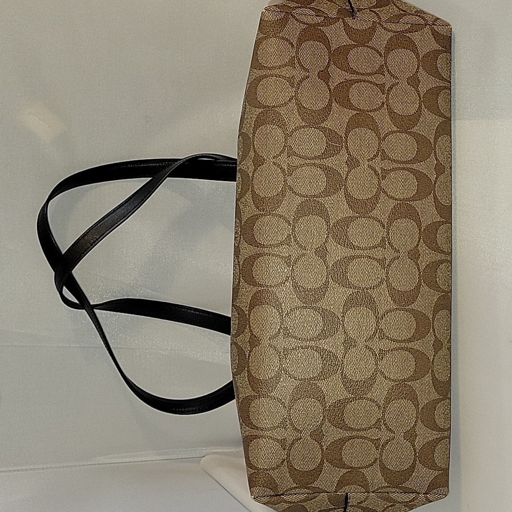 COACH Signature Coated Canvas Khaki Tan and Black Signature Tote - Picture 4 of 7
